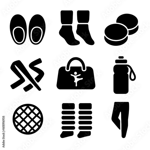 Dance Accessories Icons. Solid, filled icon set of dance accessories: toe pads, foot warmers, shoe polish, ribbons, dance bag,