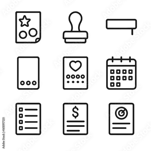 Planner Icons Set. Outline icon set of planner decoration: sticker sheet, icon stamp, colored tab, habit tracker, mood tracker,