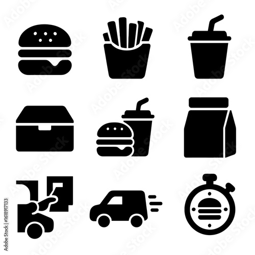 Fast Food Icons. Solid, filled icons set of fast food delivery service: burger icon, fries pack, soda cup,