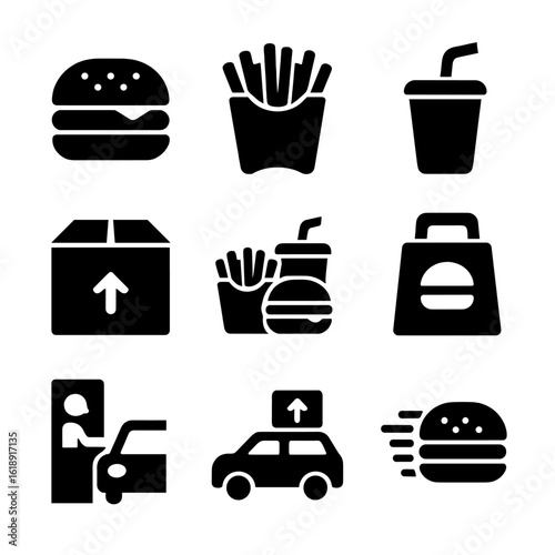 Fast Food Icons. Solid, filled icons set of fast food delivery service: burger icon, fries pack, soda cup,