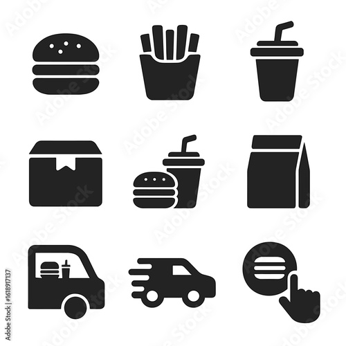 Fast Food Icons. Solid, filled icons set of fast food delivery service: burger icon, fries pack, soda cup,
