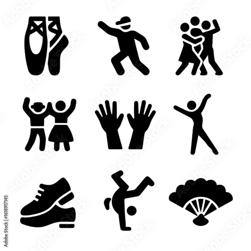 Dance Styles Icons. Solid, filled icon set of dance styles: ballet slippers, hip hop pose, tango dancers, folk dance, jazz hands,