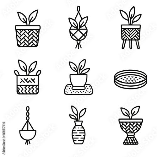 Plant Display Icons. Outline icon set of plant display with texture: woven planter basket, macrame hanging planter, rattan plant