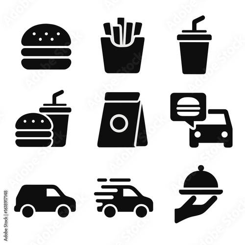 Fast Food Icons. Solid, filled icons set of fast food delivery service: burger icon, fries pack, soda cup,