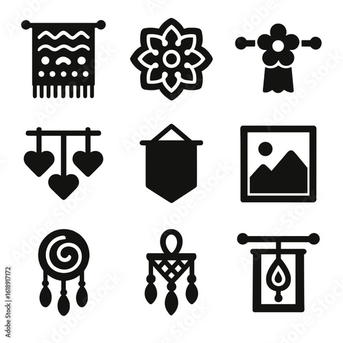Felt Decor Icons. Solid, filled icons set of felted wall and window decor: tapestry panel, wool mandala, felt