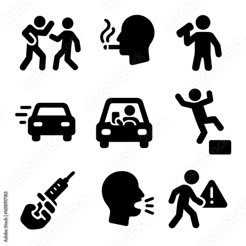 Dangerous Action Icons. Solid, filled icon set of dangerous actions: fighting, smoking, drinking, speeding, texting while driving,
