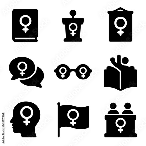 Feminist Education Icons. Solid, filled icons set of feminist education and awareness: gender studies book,