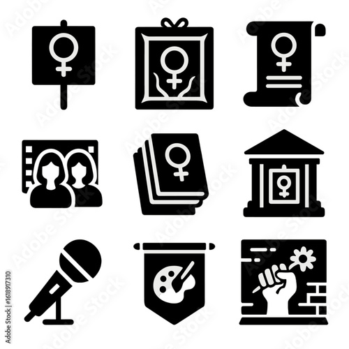 Feminist Icon Array. Solid, filled icons set of feminist art and cultural expression: protest poster, symbolic