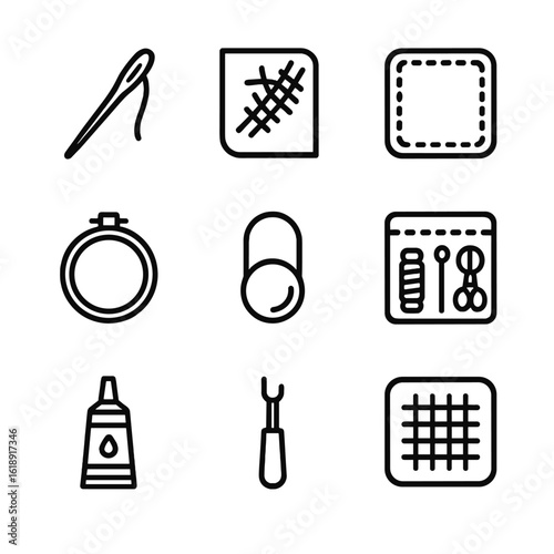 Repair Techniques Icons. Outline icon set of repair and mending techniques: darning needle, visible mending stitch, patch piece,
