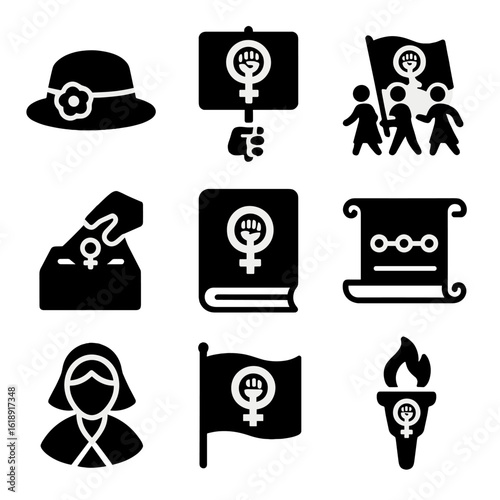Feminist Movement Icons. Solid, filled icons set of feminist movements and history: suffragette hat, protest