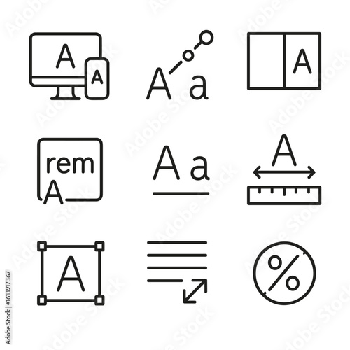 Responsive Typography Icons. Outline icon set of responsive typography concepts: viewport, fluid scale, breakpoint, rem unit, em