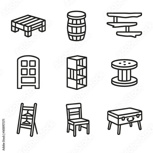 Reclaimed Furniture Icons. Outline icon set of reclaimed furniture pieces: pallet coffee table, wine barrel stool, driftwood shelf