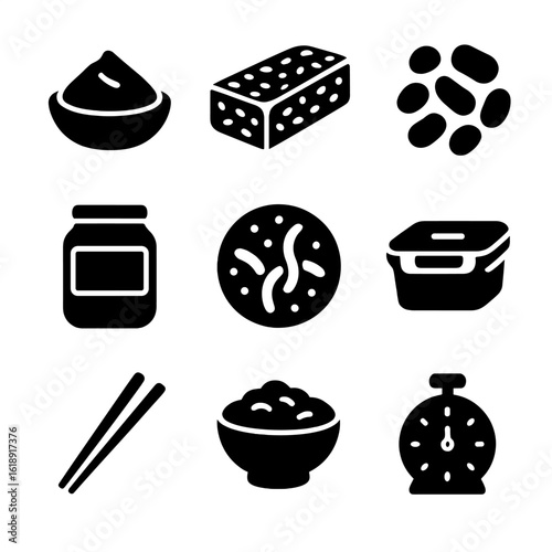 Fermented Protein Icons. Solid, filled icons set of fermented protein-rich foods: miso paste, tempeh block,