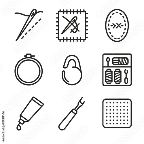 Repair Techniques Icons. Outline icon set of repair and mending techniques: darning needle, visible mending stitch, patch piece,