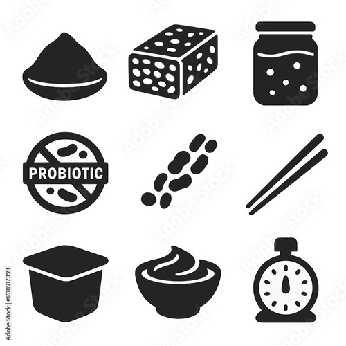 Fermented Food Icons. Solid, filled icons set of fermented protein-rich foods: miso paste, tempeh block, natto