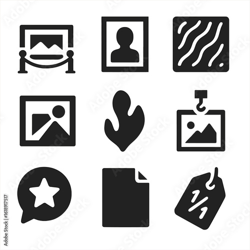 Fine Art Icon Set. Solid, filled icons set of fine art photography: museum wall icon, curated print, texture
