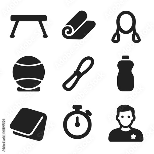 Fitness Icon Set. Solid, filled icons set of balance and flexibility exercises: balance beam, yoga mat,