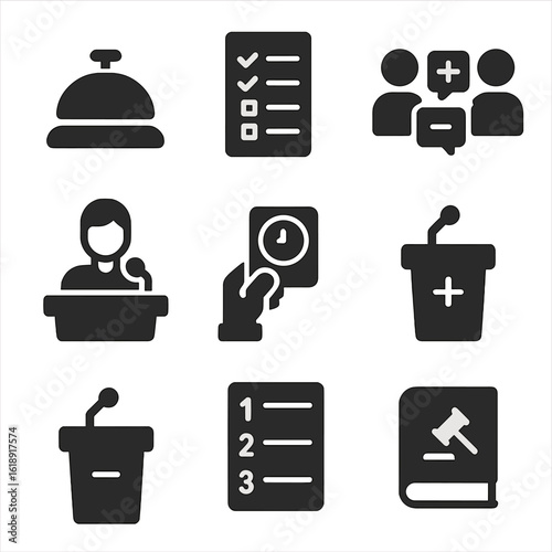 Debate Icons Set. Solid, filled icons set of formal debate formats and rules: debate bell, scoring sheet,