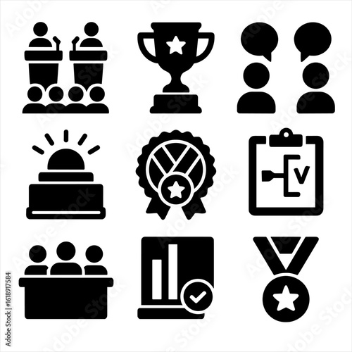 Debate Competition Icons. Solid, filled icons set of debate competition events and awards: competition stage,
