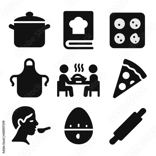 Food Hobby Icons. Solid, filled icons set of food-related bonding hobbies: cooking pot, recipe book, baking