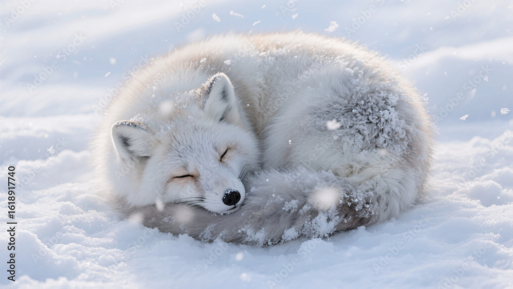 Naklejka premium Close-up of an arctic fox sleeping peacefully on soft snow. A perfect depiction of winter calm and wildlife beauty.