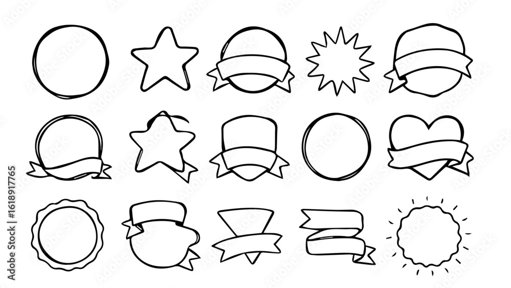 Fototapeta premium Set of 30 Hand-Drawn Doodle Badge Shapes in Black Vector Outline Style, Editable Formats: AI, EPS, JPG, PNG, Ideal for Both Digital and Print Use