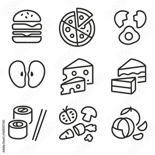 Deconstructed Food Icons. Solid, filled icon set of Deconstructed food items: sliced burger, separated pizza slices, broken egg,