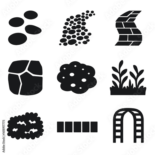 Decorative Garden Path Icons. Solid, filled icons set of decorative stone paths through a garden: stepping