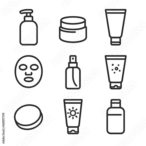 Skincare Icons Grid. Outline icon set of skincare and prep products: cleanser bottle, moisturizer jar, primer tube, face mask
