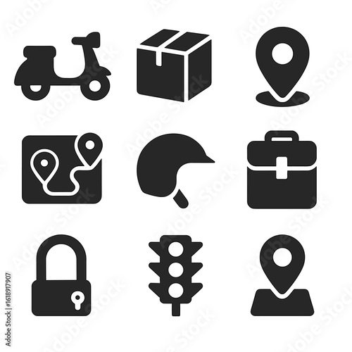 Delivery Icons Grid. Solid, filled icons set of delivery and transportation gigs: scooter, parcel box, GPS