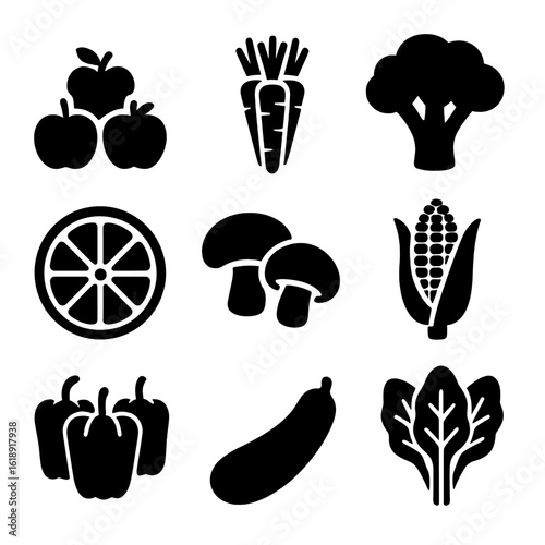 Fruit and Vegetable Icons. Solid, filled icons set of fruit and vegetable variety: apple pile, carrot bunch,