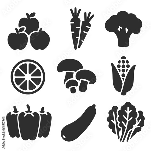 Fruit and Vegetable Icons. Solid, filled icons set of fruit and vegetable variety: apple pile, carrot bunch,