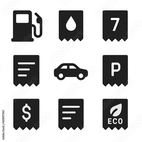 Fuel Icon Set. Solid, filled icons set of fuel and gas station receipts: gas pump icon, fuel type, gallons