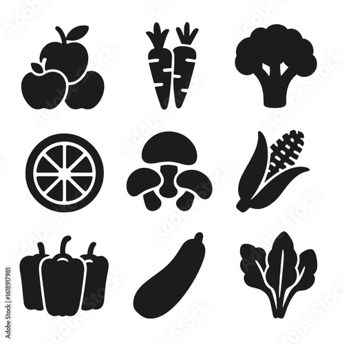 Fruit and Veggie Icons. Solid, filled icons set of fruit and vegetable variety: apple pile, carrot bunch,
