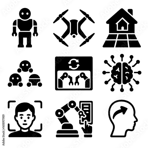 Future Home Robot Icons. Solid, filled icons set of future home robot concepts: humanoid robot, foldable drone