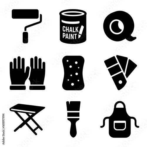 Furniture Refurbishing Icons. Solid, filled icons set of painting and refurbishing furniture: paint roller,