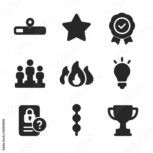 Gamified Quiz Icons. Solid, filled icons set of gamified quiz features: level progress bar, bonus point star,