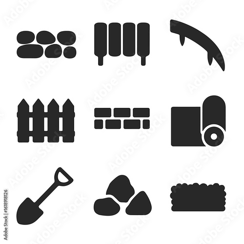 Garden Border Icons. Solid, filled icons set of edging and border landscaping elements: stone border, wooden