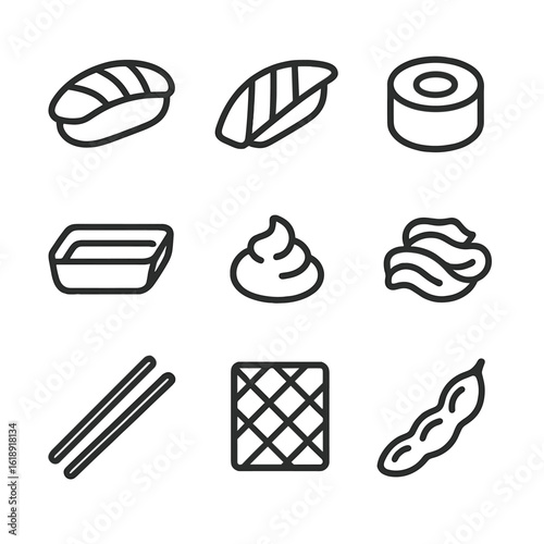 Sushi Icons Grid. Outline icon set of sushi appetizer plate: nigiri piece, sashimi slice, maki roll, soy sauce dish, wasabi dollop