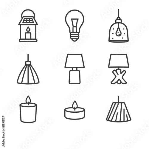 Sustainable Lighting Icons. Outline icon set of sustainable lighting decor: solar lantern, LED bulb, recycled glass pendant,