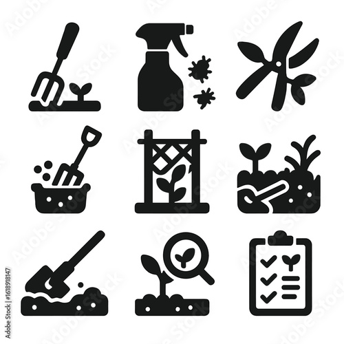 Garden Maintenance Icons. Solid, filled icons set of vegetable garden maintenance tasks: weed puller, pest