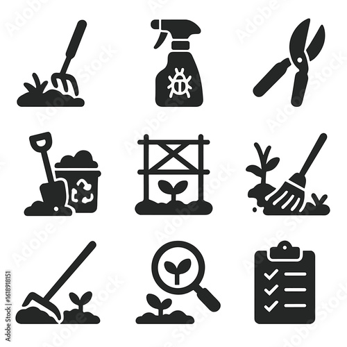 Garden Maintenance Icons. Solid, filled icons set of vegetable garden maintenance tasks: weed puller, pest