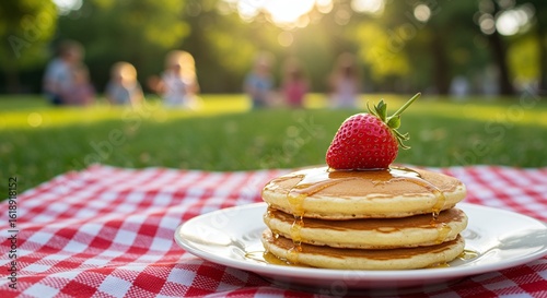 Pancakes with Strawberry on Picnic Blanket in Sunny Park - Outdoor Family Brunch Breakfast in Nature, Summer Food, Sweet Dessert