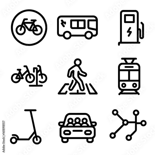 Sustainable Mobility Icons. Outline icon set of sustainable urban mobility: bicycle lane symbol, electric bus, charging station,