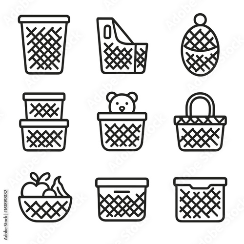 Textured Basket Icons. Outline icon set of textured storage solutions: laundry hamper basket, magazine holder basket, hanging wall