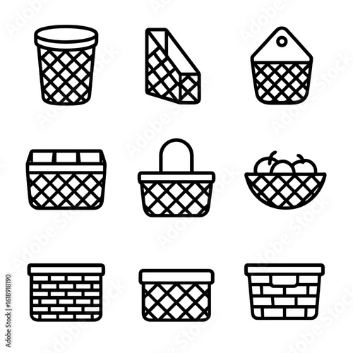 Textured Basket Icons. Outline icon set of textured storage solutions: laundry hamper basket, magazine holder basket, hanging wall