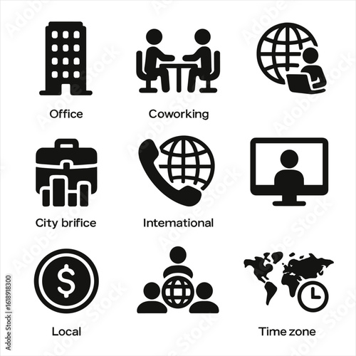 Global Business Icons. Solid, filled icons set of global work and business life: office building, coworking