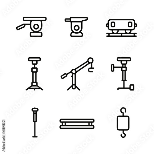 TV Camera Gear Icons. Outline icon set of TV camera support gear: tripod head, fluid head, dolly track, pedestal, jib arm,
