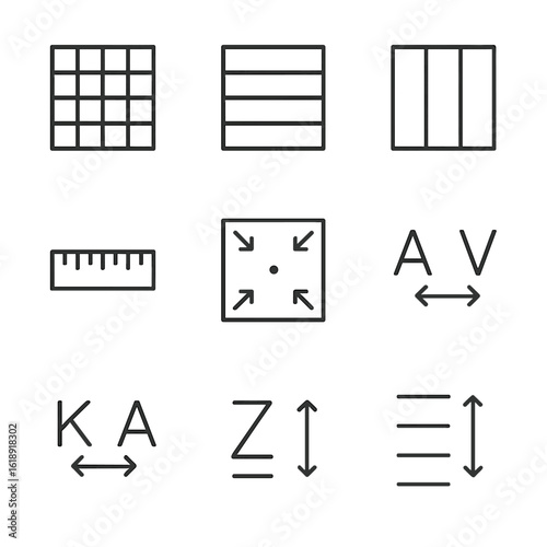 Typography Tools Icons. Outline icon set of typographic layout tools: grid, baseline grid, margin guide, column guide, ruler,