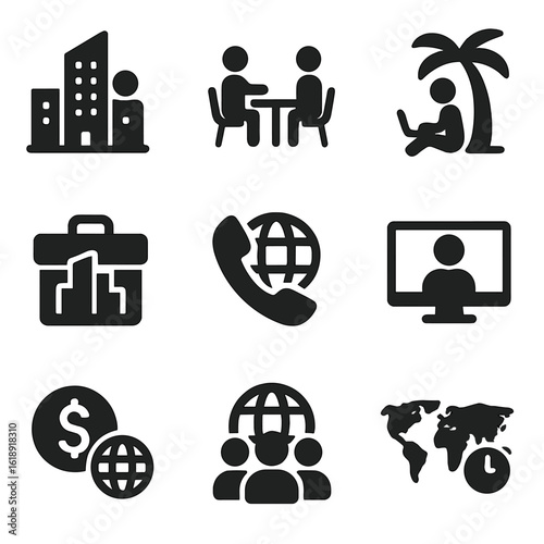 Global Business Icon Set. Solid, filled icons set of global work and business life: office building, coworking